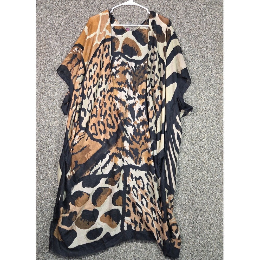 Mia Kaftan Cover Up Womens OS Brown Animal Print Sheer Kimono Cardigan Layering